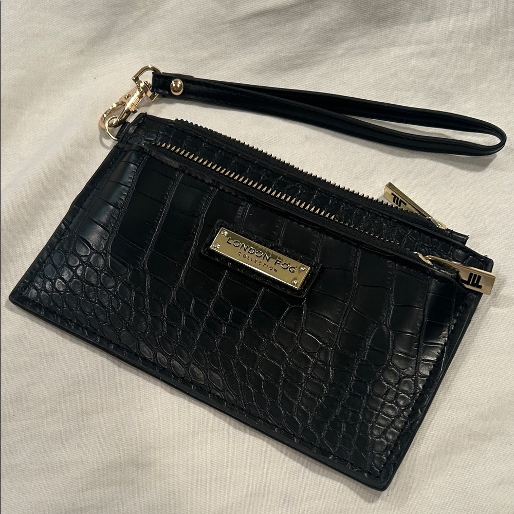 London Fog Black Croc-Embossed Wristlet